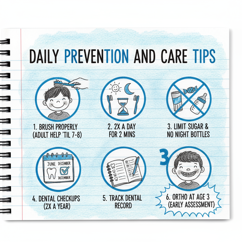 Daily dental care routine for children showing proper brushing and healthy eating habits