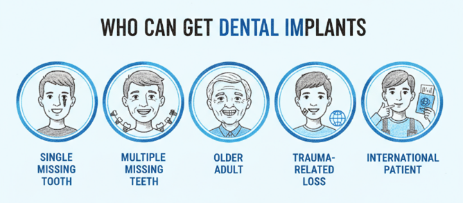 Common indications for dental implants including single tooth loss, multiple missing teeth, and full-arch restoration