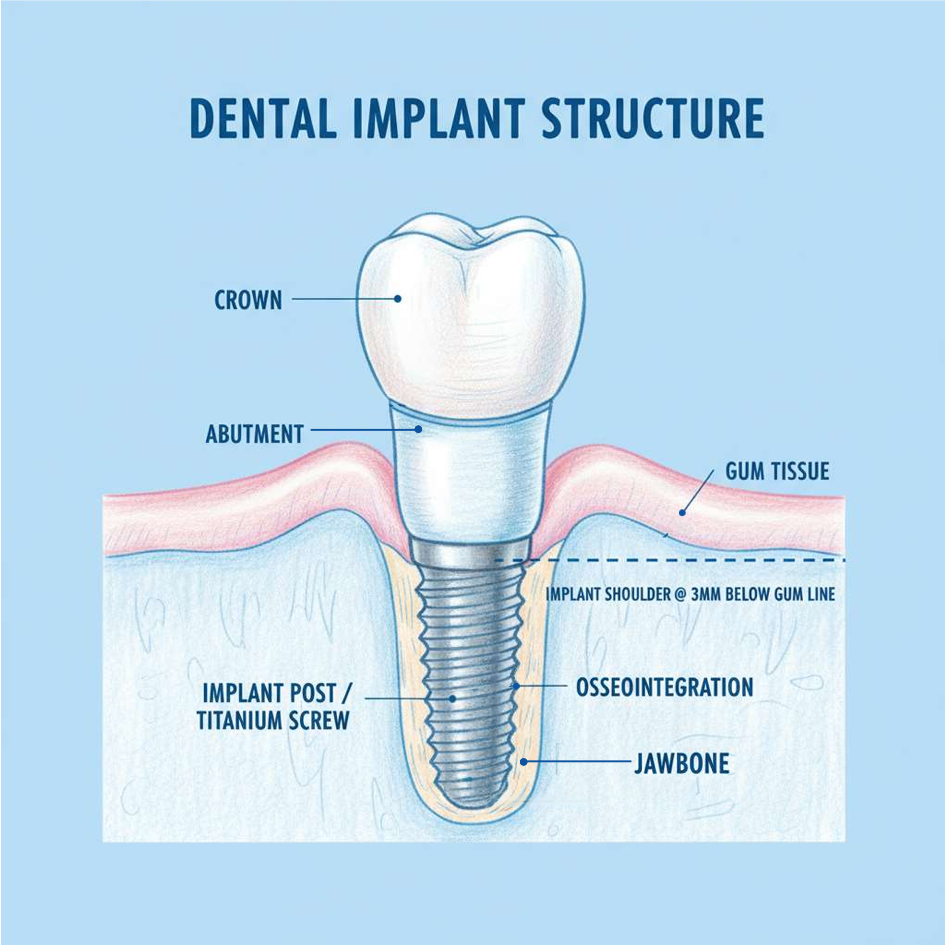 Diagram comparing dental implants, bridges, and dentures showing structural differences