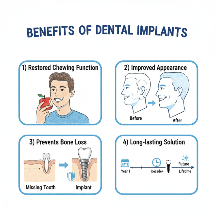 Before-and-after results showing restored smile and improved facial aesthetics after dental implant treatment