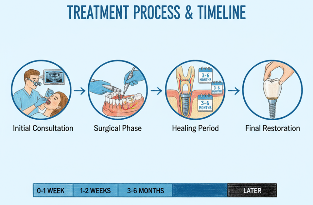 Clinical workflow: consultation, surgery, healing period, and final crown placement