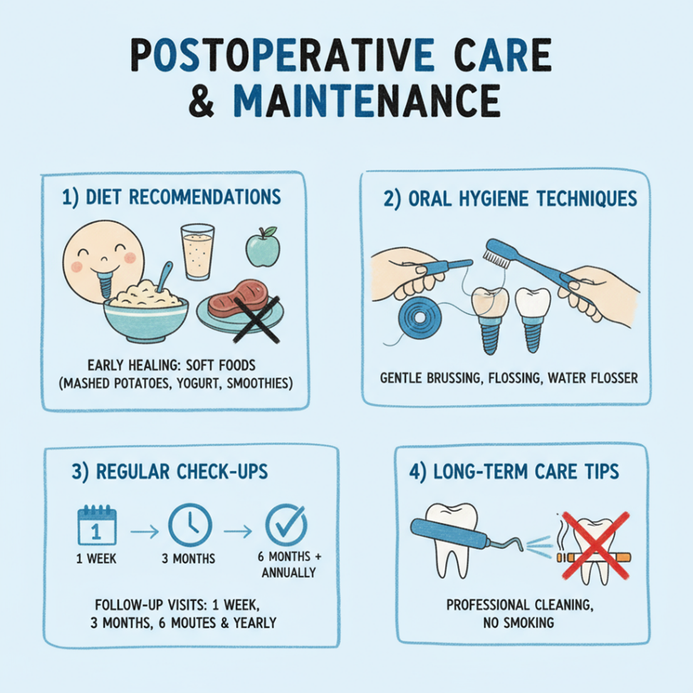 Post-implant care illustration showing proper oral hygiene techniques