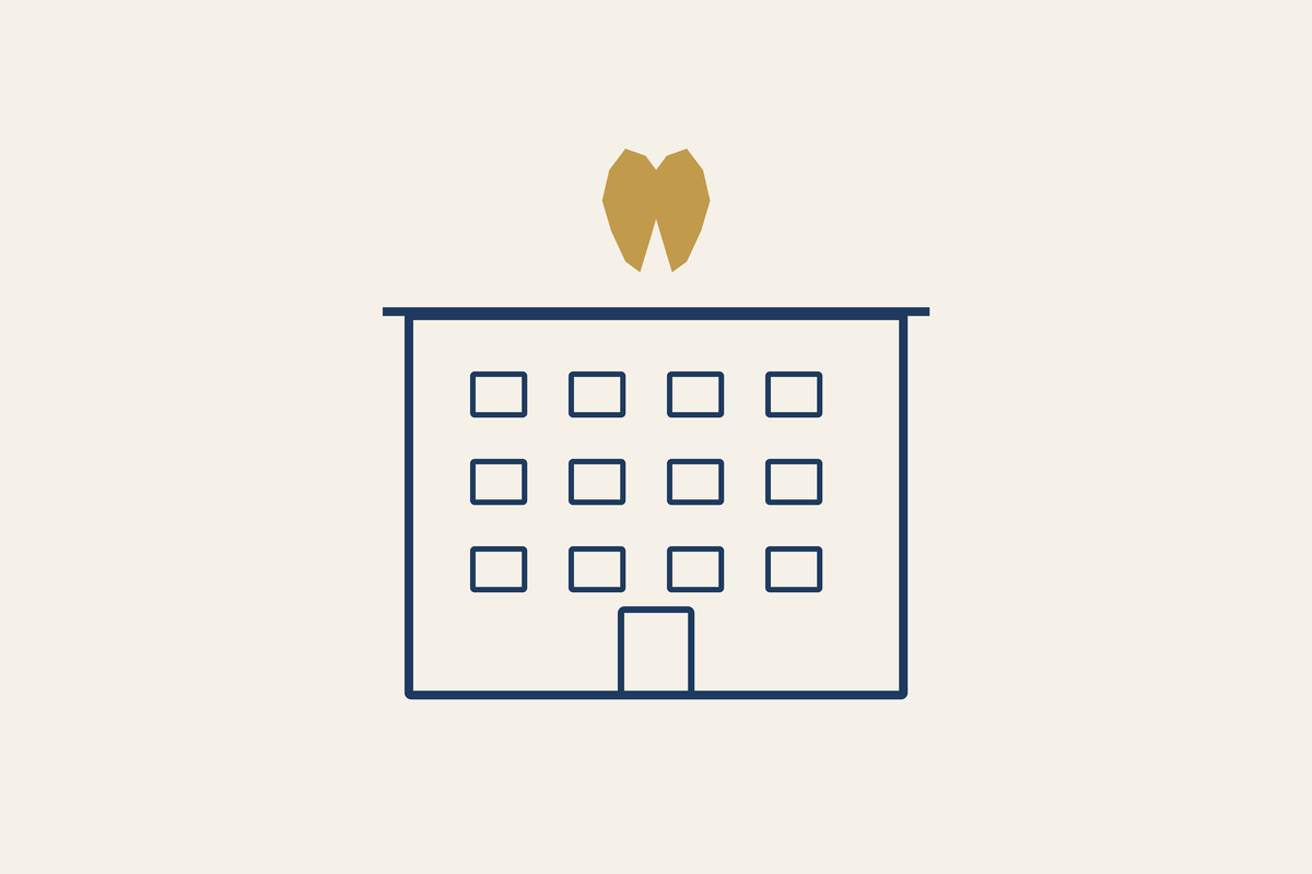 Residential apartment building with a small tooth icon floating above, illustrating dental care for expat residents in China