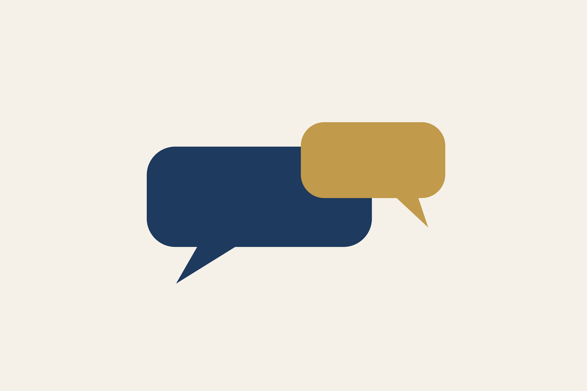 Two overlapping speech bubbles in slate indigo and verified gold, illustrating bilingual dental communication