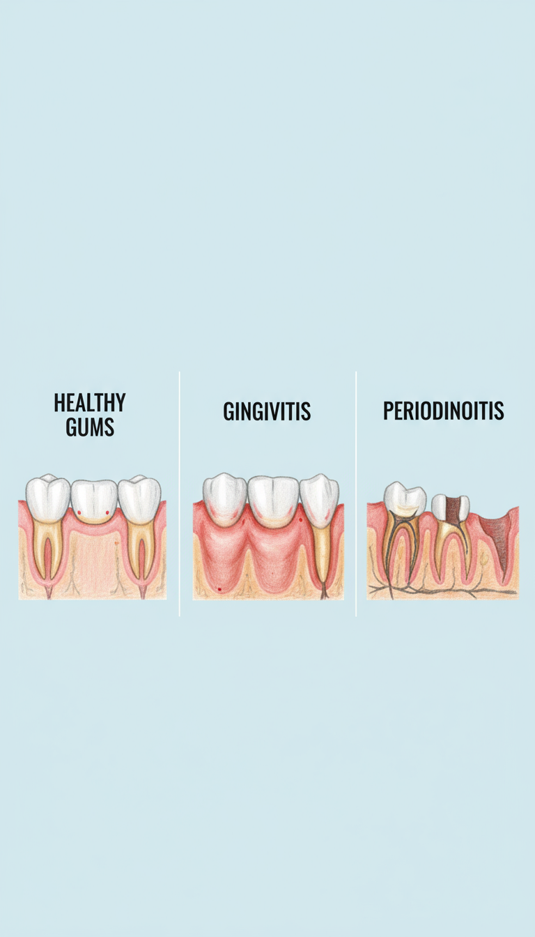Diagram showing the anatomy of the periodontium and comparison between healthy gums, gingivitis, and periodontitis