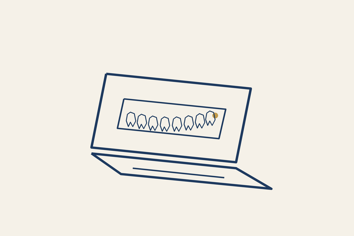 Laptop displaying a stylized panoramic dental X-ray, illustrating remote review of dental imaging before travel
