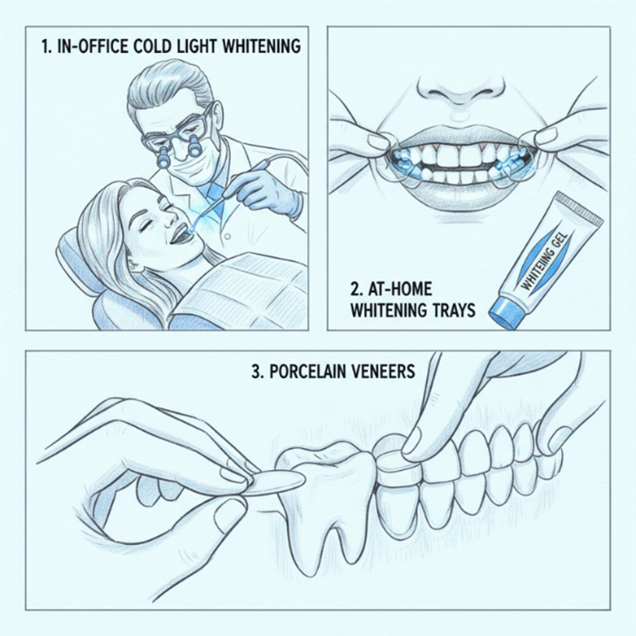Diagram comparing in-office cold light whitening, laser whitening, at-home trays, and veneers