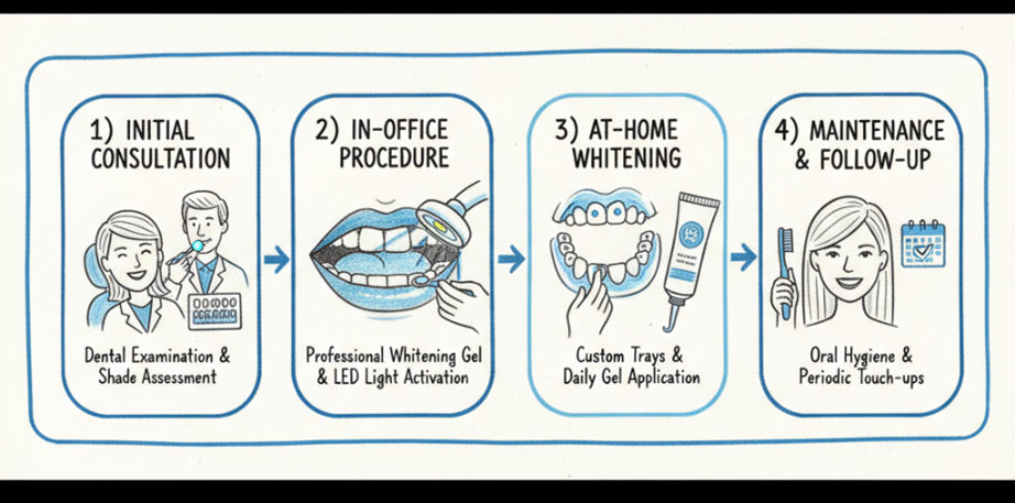 Clinical workflow: exam, in-office session, home tray instructions, and follow-up maintenance